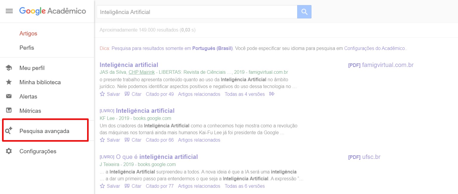 Pesquisa avançada no Google Acadêmico