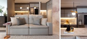 Entre a sala e a cozinha, o trio de pendentes acima da bancada e, logo atrás do sofá, contribui com a iluminação. Na segunda imagem, também é possível ver as luzes de led na área do frontão da pia e abaixo dos armários da cozinha / Projeto de H.Ortis Arquitetura e fotos de Emerson Rodrigues